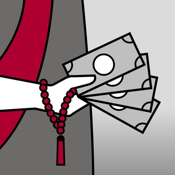 An icon of a religious leader holding a hand full of money.