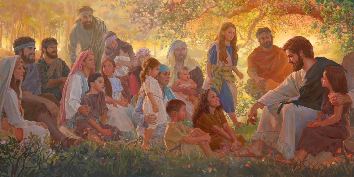 Jesus teaching a diverse crowd of men, women, and children.