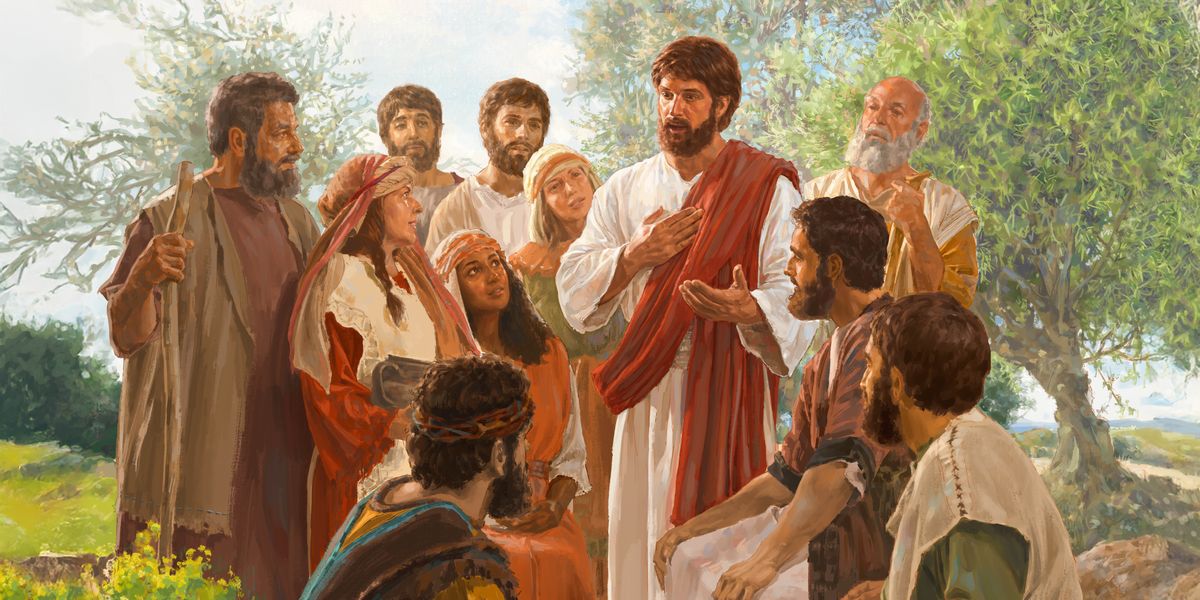 Jesus teaching a diverse group of men and women.