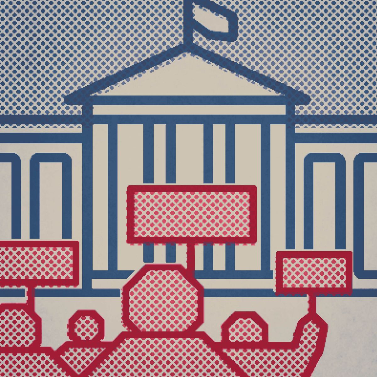 An icon of protesters standing in front of a government building.