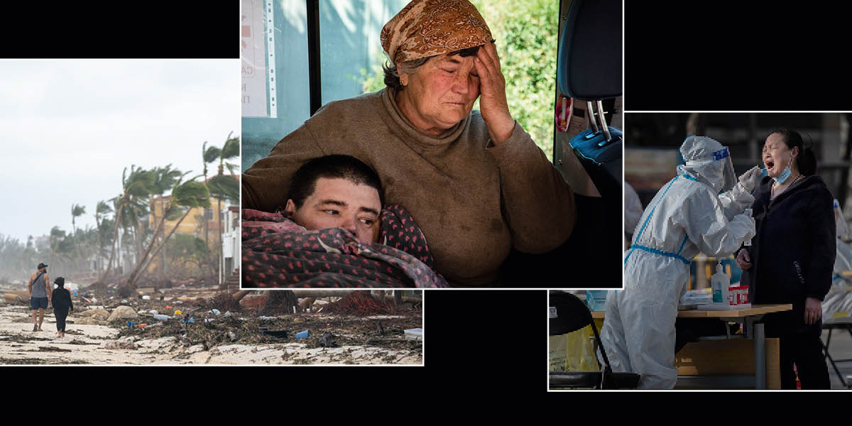Collage: 1. A couple assesses hurricane damage along a beach. 2. A distressed mother and her son. 3. A woman gets a COVID-19 swab test.