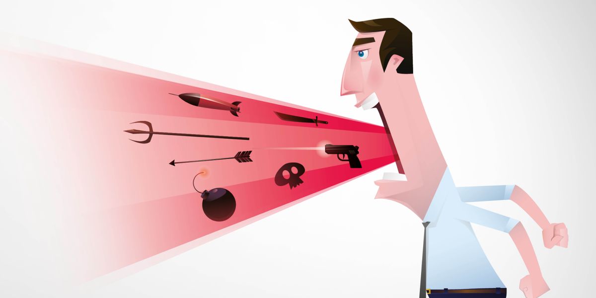 A cartoon person talking. His speech appears as arrows attacking the person he is talking to.