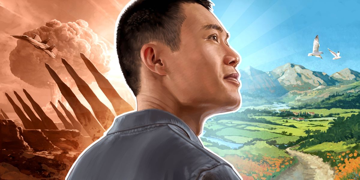 Collage: A man looking ahead with confidence. 1. Behind him is warfare, including a military aircraft, nuclear missiles, and a mushroom cloud. 2. Ahead of him is a clean and peaceful earth with mountains, green valleys, a flowing river, and birds.