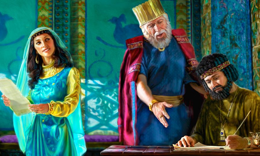 Esther watches as Mordecai dictates a new law to a secretary