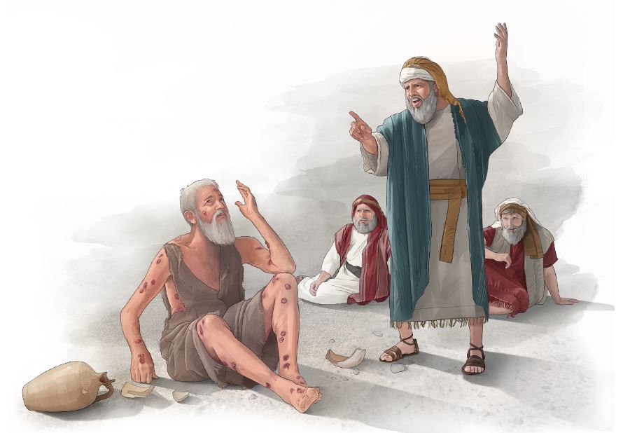 Eliphaz talks to Job as Bildad and Zophar look on