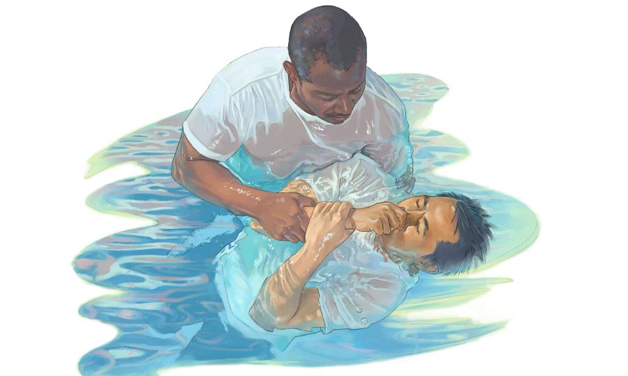 A man gets baptized