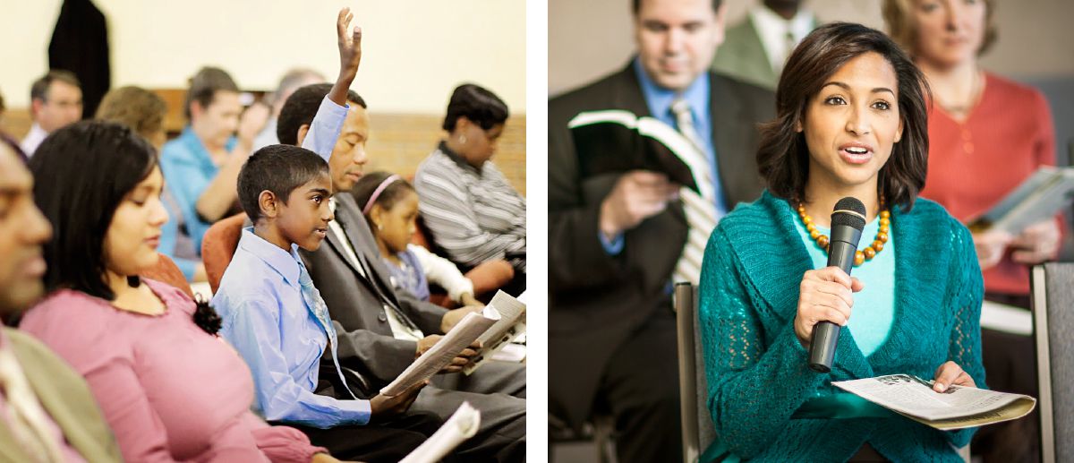 A boy raises his hand at the Watchtower Study, a sister comments at the Watchtower Study