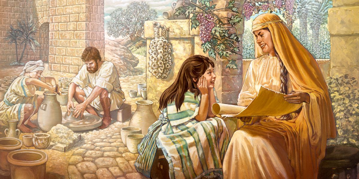 A mother reads a scroll with her daughter while the father and son make pottery together