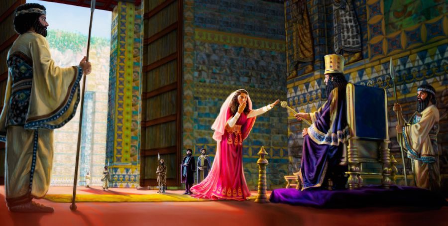 Queen Esther touches the top of the scepter that King Ahasuerus holds out to her inside the royal house