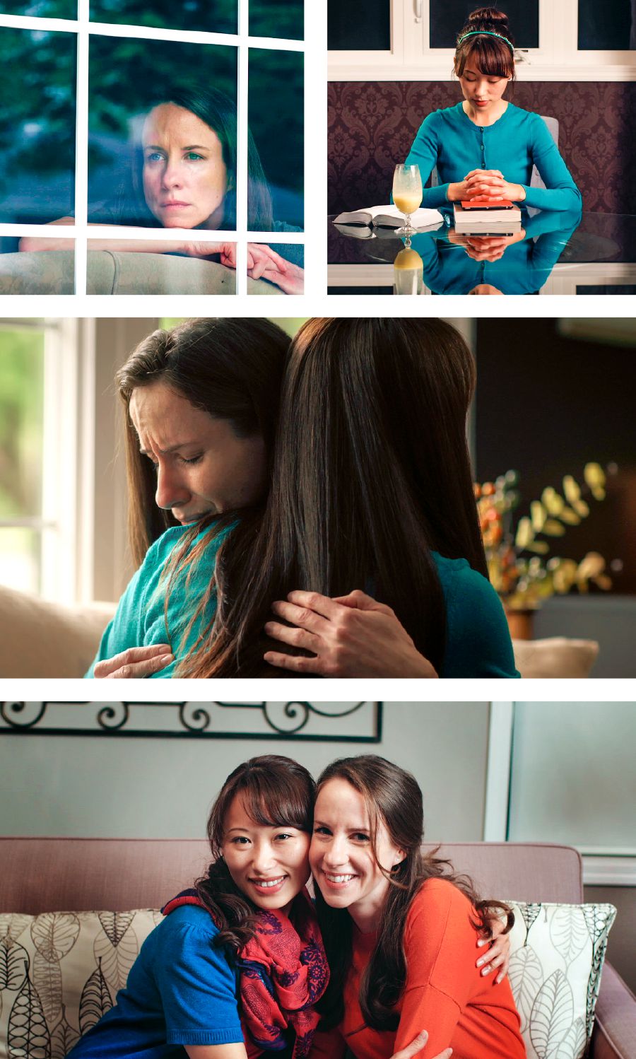 Laura stares out a window, Abbey prays, Abbey and Laura embrace and pose for a picture