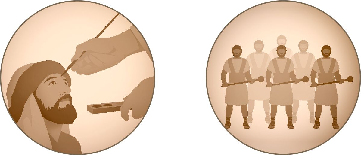 A man receives a mark on his forehead; six men with weapons for smashing