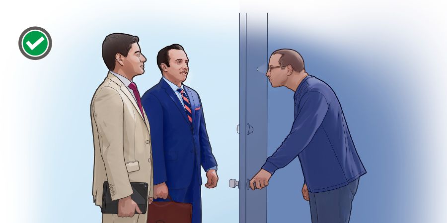 Two brothers quietly stand at the doorstep in the ministry while the householder looks through the peephole