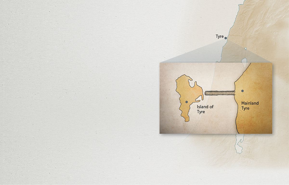Map showing the mainland city of Tyre and the island city of Tyre
