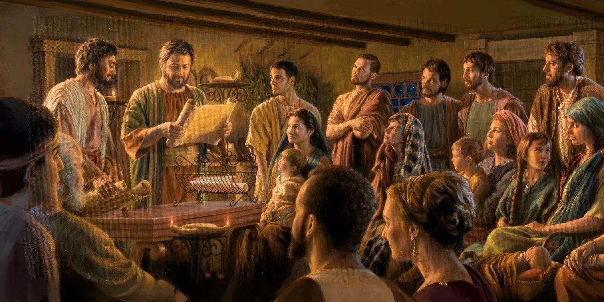 A congregation in the first century listens as the decision of the governing body is read