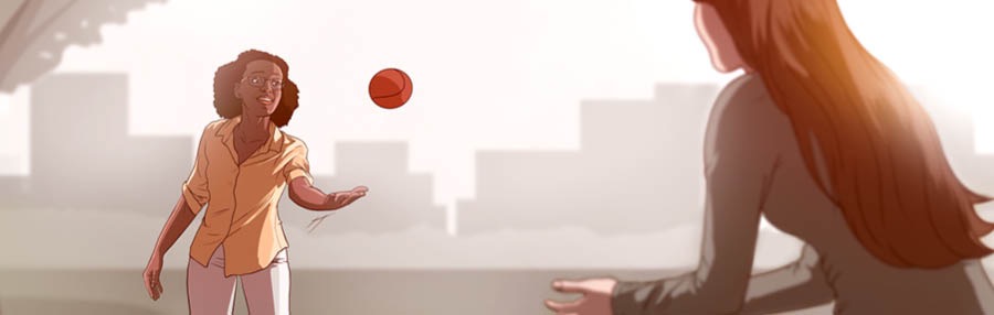 Two women play a game of catch