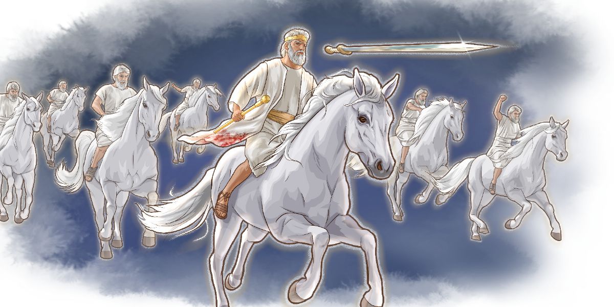 Jesus, with a long sword protruding out of his mouth, and his heavenly army ride on white horses