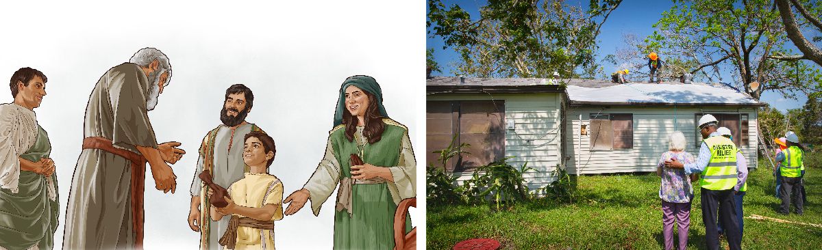 A family in Bible times makes a monetary donation; a sister watches as brothers from a Disaster Relief Committee repair her home