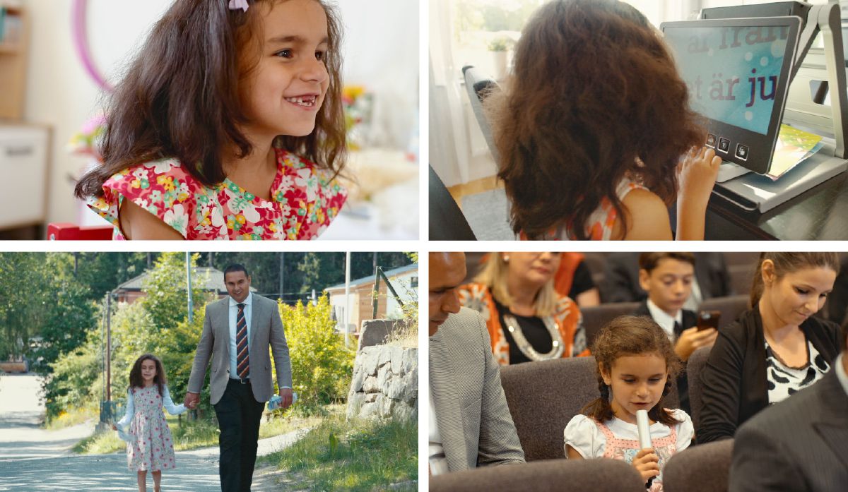 Talita talks about her hope, reads using a computer monitor, comments at a meeting, and works in field service with her father