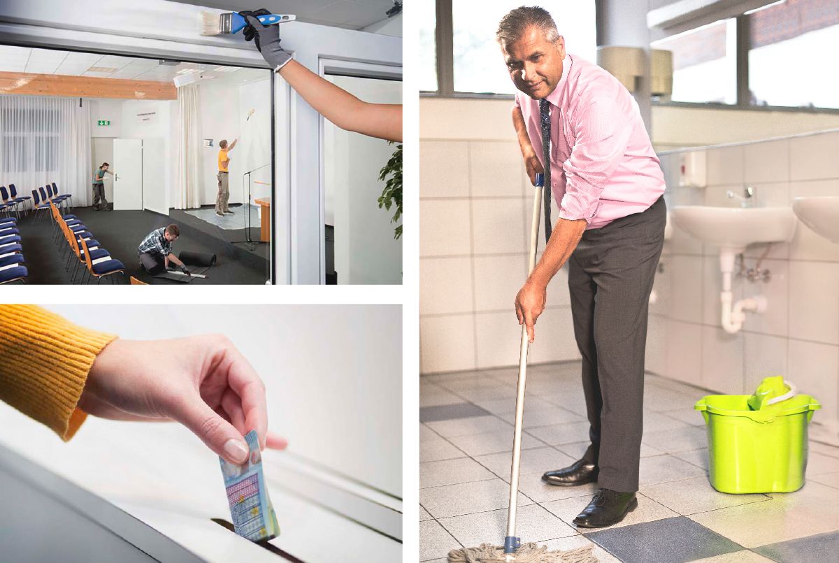 Brothers and sisters maintain a Kingdom Hall, clean a bathroom, and make a donation