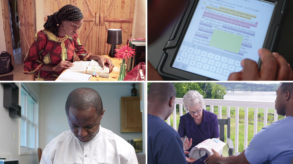 A sister does deep personal Bible study; a brother color-codes his Bible; a sister shares notes in her Bible with two men; a brother prays