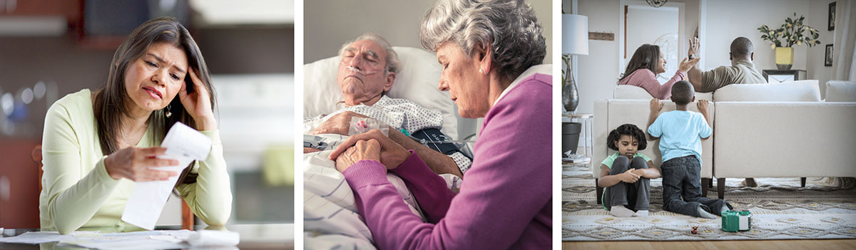 A sister is anxious over bills; an elderly sister prays at her sick husband’s bedside; parents argue as the children watch and listen