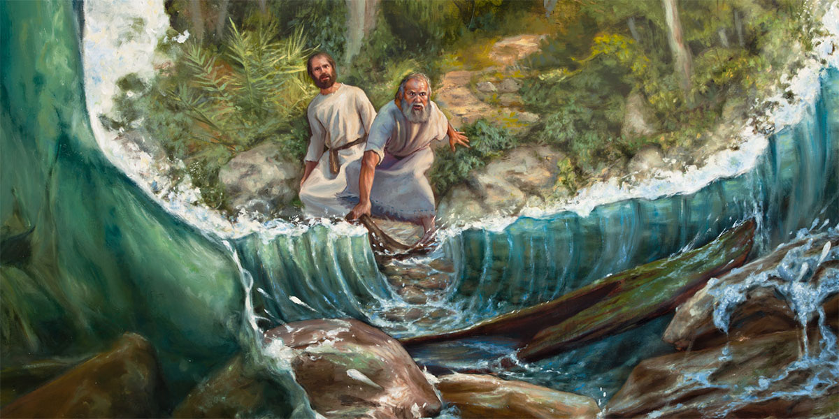 Elisha watches Elijah divide the Jordan with his official garment