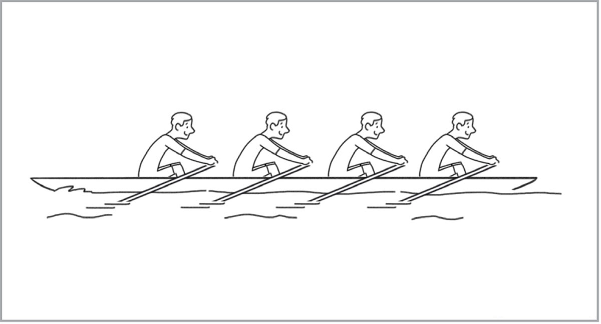 Boys work together to row a boat