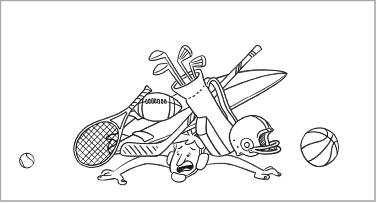 A boy is crushed under the weight of all his sports equipment