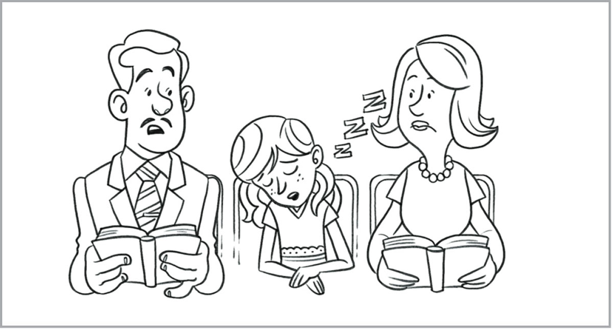 A girl sleeps during a congregation meeting