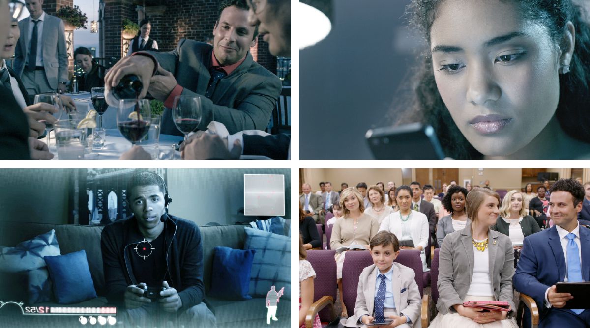 John pours wine for clients in a restaurant; Kristin looks at social media; Jayden plays an online game; John with his family, Kristin, and Jayden at a congregation meeting