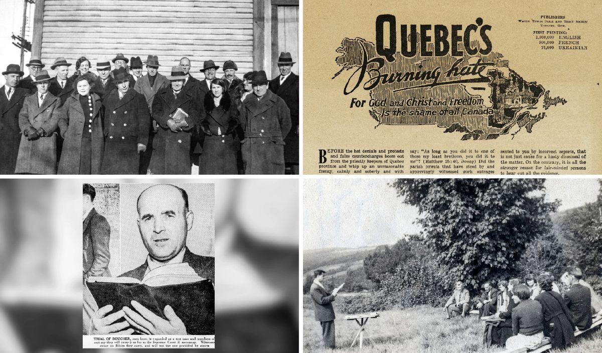 Jehovah’s Witnesses in Quebec in the 1940s; special tract; a brother gives a talk in a field during the ban; Brother Aimé Boucher