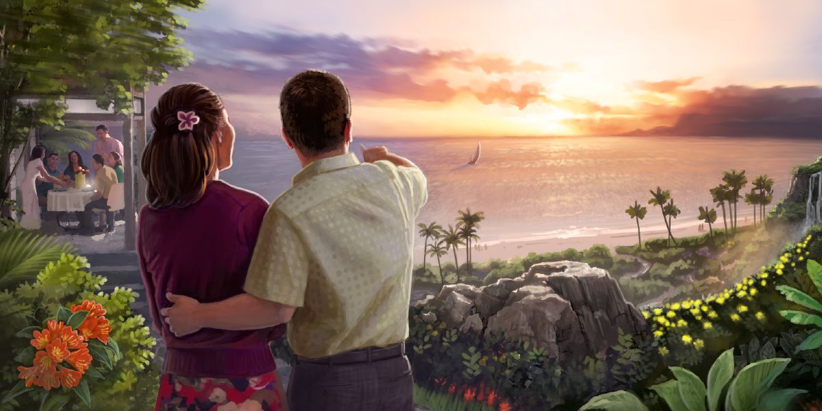 A couple look at a sunset and others enjoy a meal together in Paradise