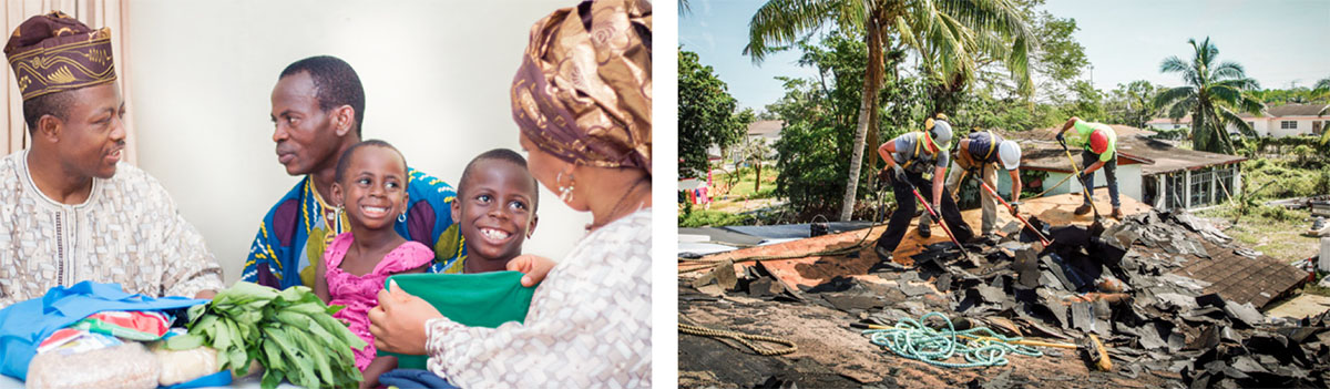 A couple bring food and clothing to a father and his two children; Jehovah’s Witnesses repair a roof after a natural disaster