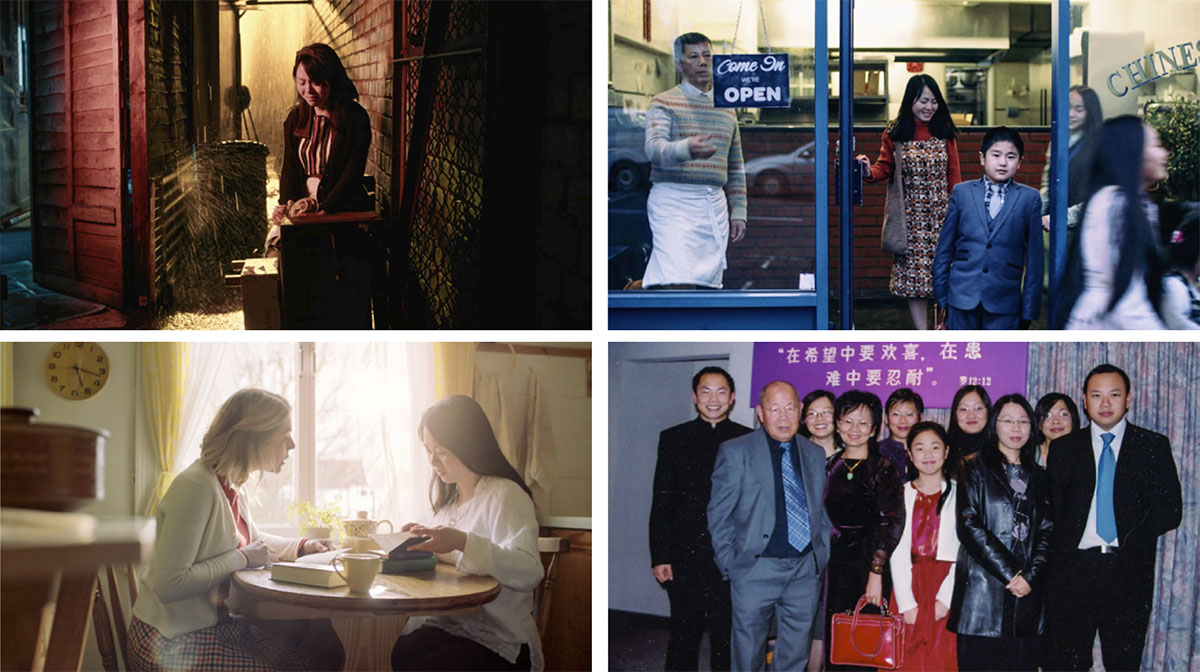 Collage: Scenes from the video ‘Jehovah Strengthens Us to Carry Our Load,’ showing Grace Li’s progress. 1. Grace crying in an alley. 2. A sister studying with Grace. 3. Grace and her children leaving their restaurant to go to a meeting. 4. Grace with nine members of her family at a Kingdom Hall.