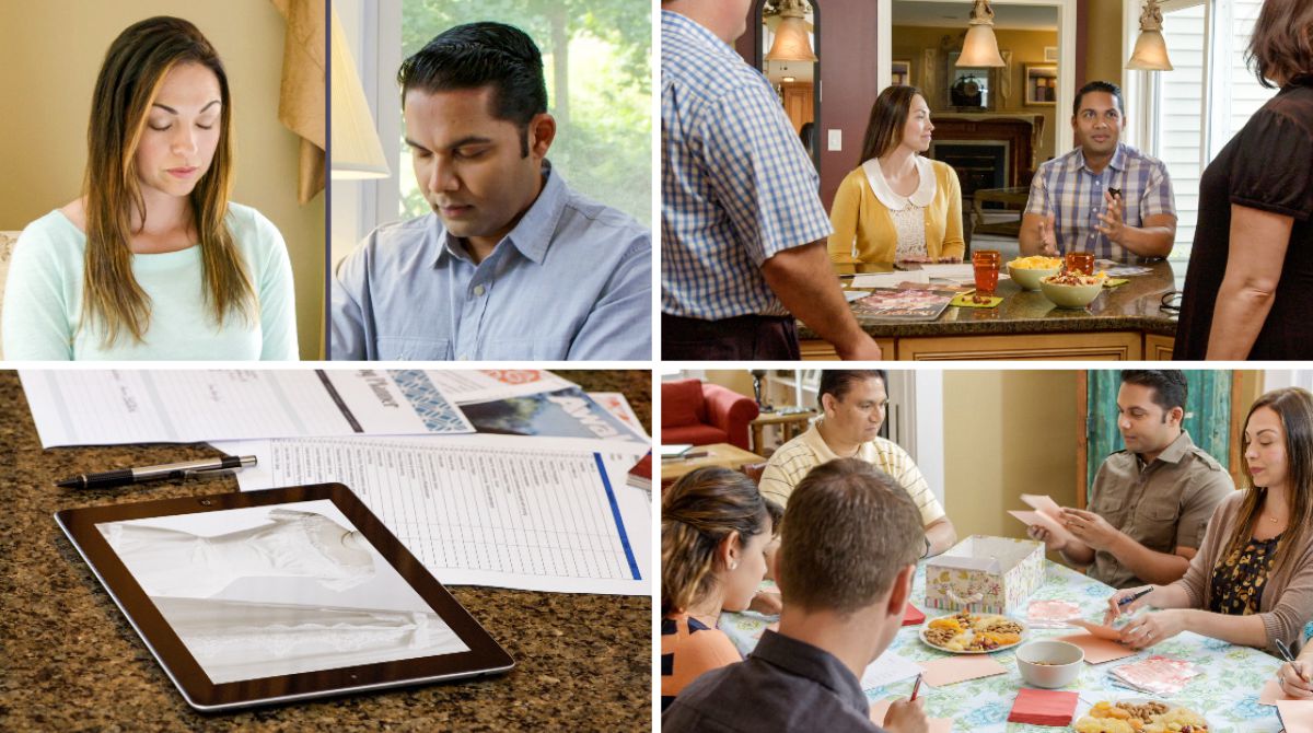 Collage: Scenes from the video ‘Weddings That Honor Jehovah.’ Nick and Juliana, a Christian couple, are planning their wedding and have many decisions to make. 1. The couple praying individually. 2. An electronic tablet and papers showing their research. 3. The couple discussing wedding plans with family. 4. The couple preparing wedding invitations with family and friends.