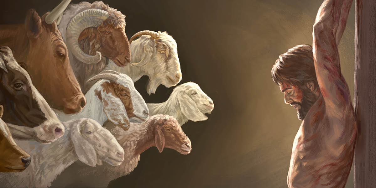 Collage: 1. Cattle, sheep, and goats to be offered in sacrifice. 2. Jesus hanging on the torture stake.