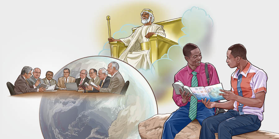 Collage: 1. The glorified Jesus Christ rules over the earth. 2. The faithful and discreet slave meets together to supply spiritual food. 3. A brother preaches the good news to a man.