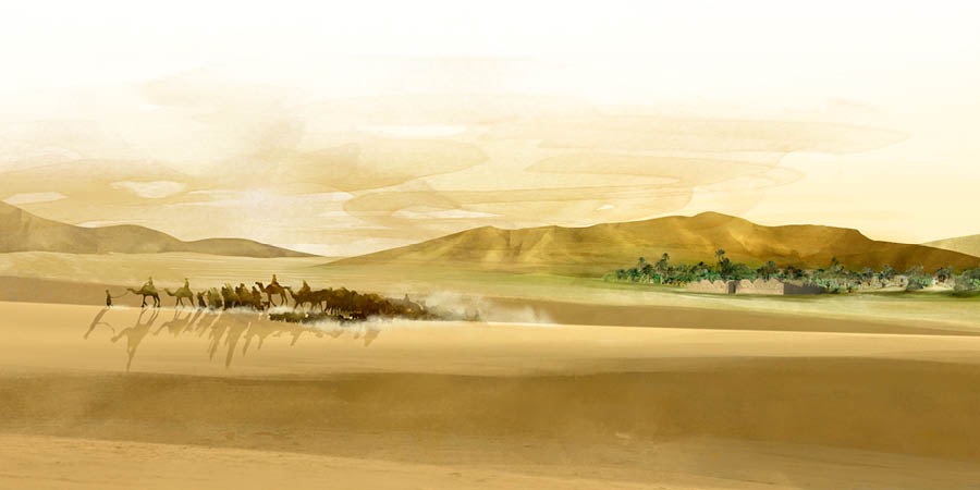 Abraham and his household journeying past a village in Canaan.