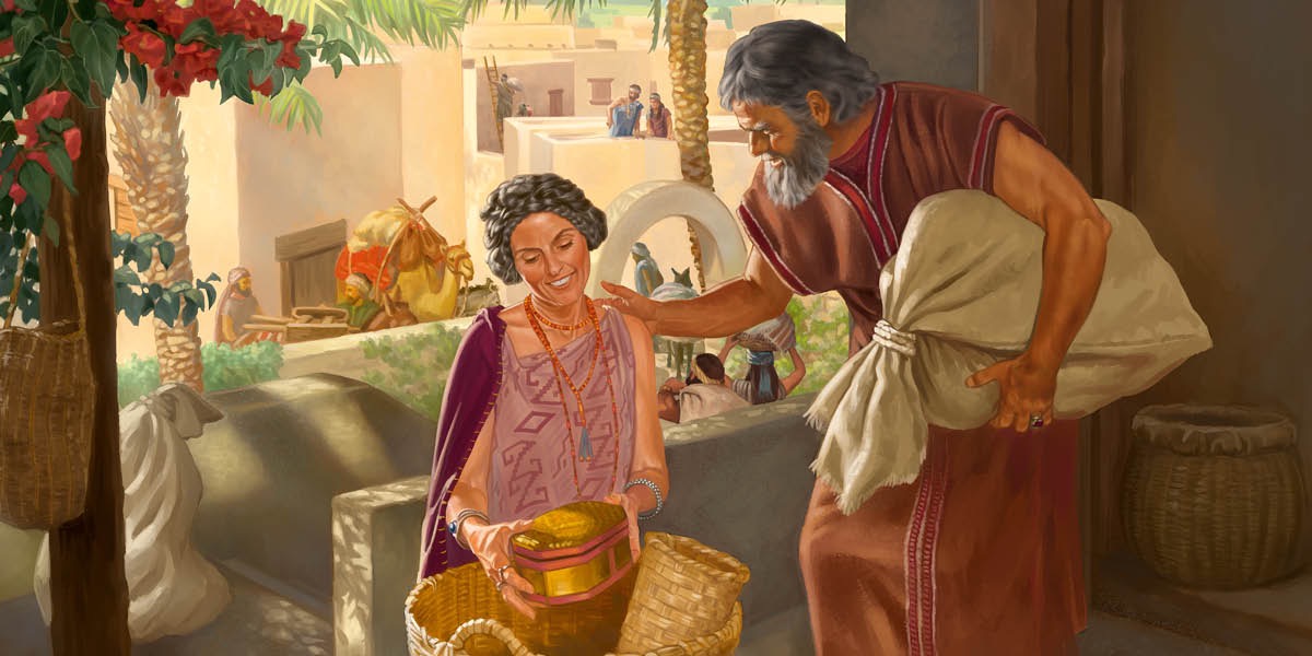 Abram and Sarai preparing to leave Ur. Abram is carrying a large sack while he is encouraging Sarai, who is putting some items in a basket.