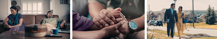 Collage: Scenes from the video ‘How to Strengthen the Marriage Bond.’ Shaan and Kiara take steps to strengthen their marriage. 1. They are sitting at opposite ends of a couch. 2. They are clasping each other’s hands. 3. They are happily working together in the field ministry.