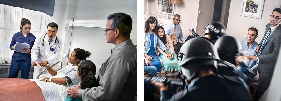 Collage: 1. A sister in a hospital bed talking to a doctor about her stand on blood while her husband and daughter look on. 2. A small group of brothers are meeting together in a home when police in body armor and weapons break in.