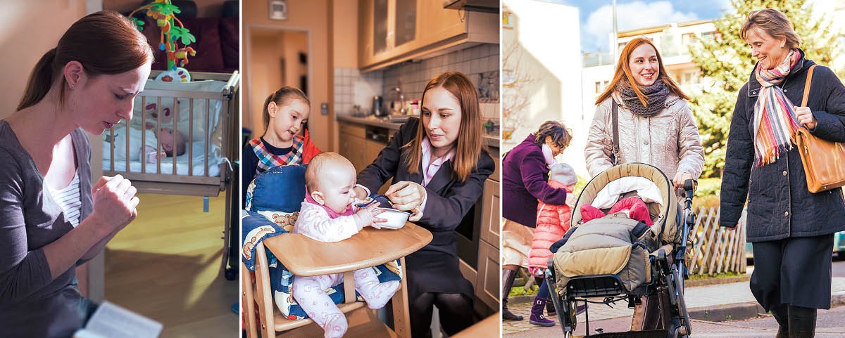 Collage: A busy young mother. 1. She is praying before she starts the day. 2. She is feeding her infant daughter before going out in the ministry. 3. She is happily working in the field ministry with her two daughters and sisters from her congregation.