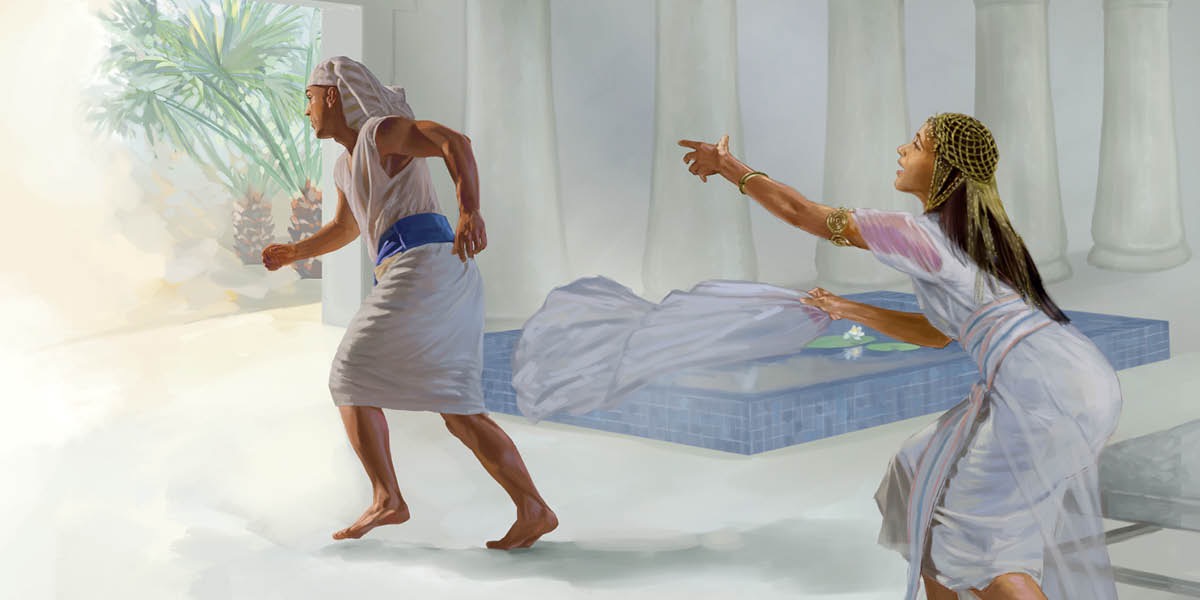 Joseph fleeing from Potiphar’s wife as she holds his garment in her hand.