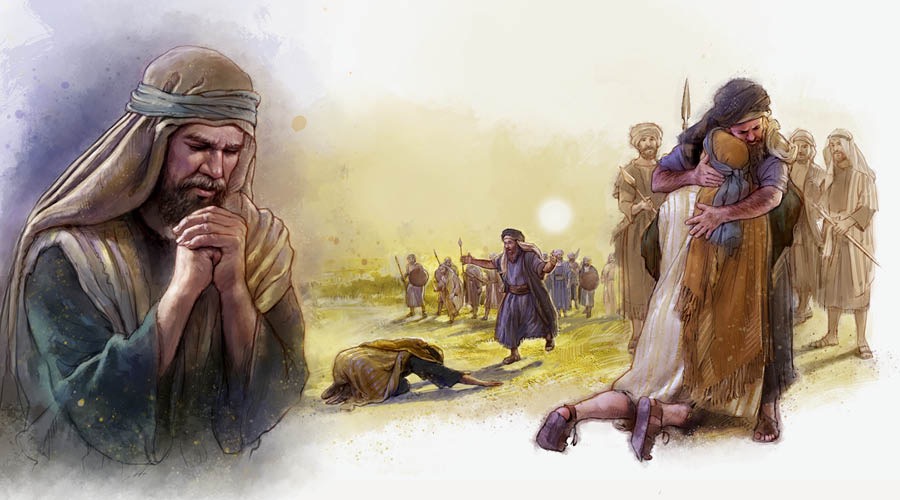 Collage: Jacob takes steps to settle differences with Esau. 1. Jacob praying. 2. Jacob bowing down before Esau. 3. Esau embracing Jacob.