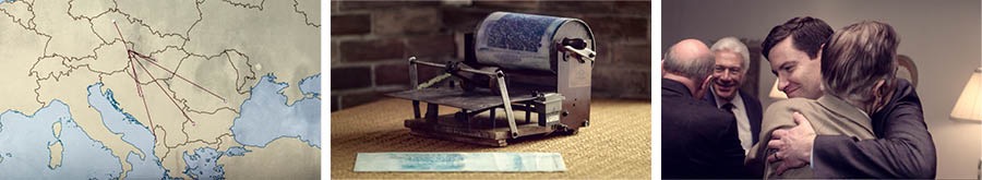 Collage: Scenes from the video ‘Maintaining Unity Under Ban.’ 1. A map showing the countries that were under ban in Eastern Europe. 2. A mimeograph machine. 3. Romanian brothers hugging one another.