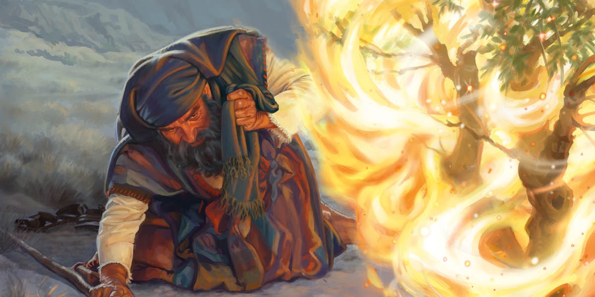 Moses kneeling on the ground and shielding his face from a burning bush.