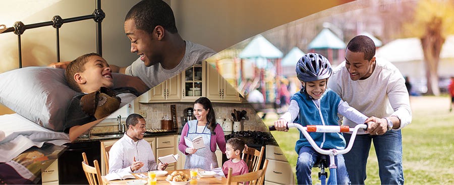 Collage: A father caring for his family in a variety of ways. 1. He talks with his son before tucking him into bed. 2. He considers the daily text with his wife and son. 3. He teaches his son how to ride a bike.