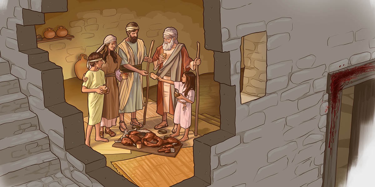 An Israelite family standing and eating the Passover meal before leaving Egypt.