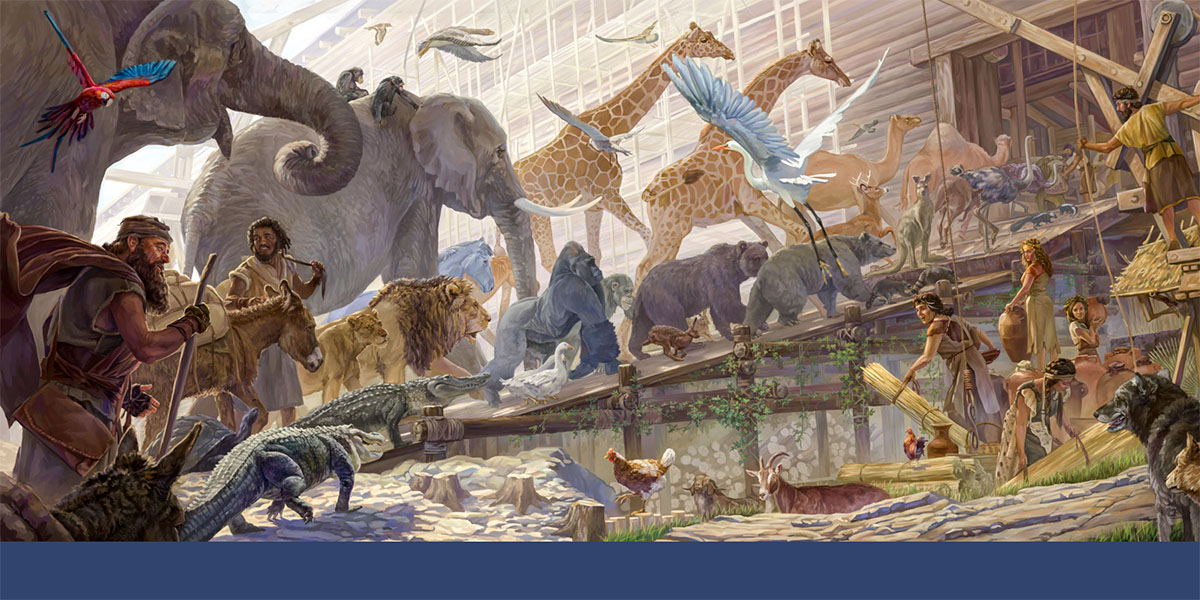 Noah and his family taking the animals and supplies into the ark.