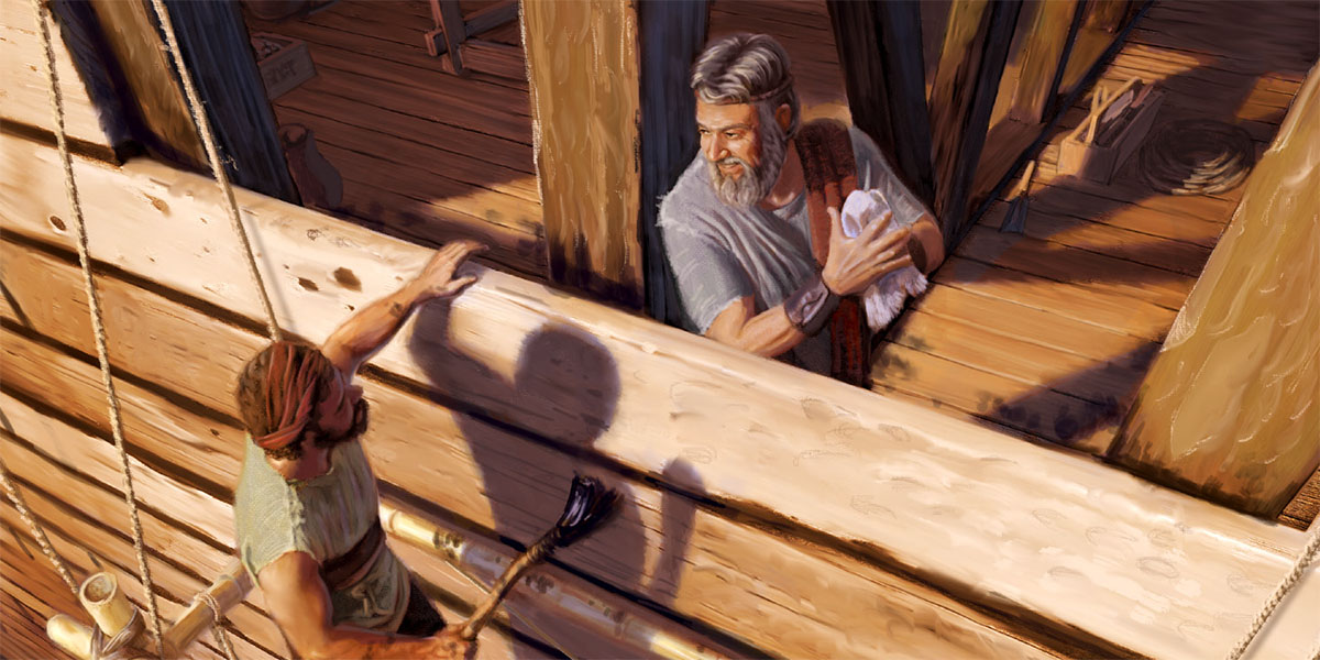 Noah and one of his sons building the ark; his son stands on scaffolding and covers the ark with tar.